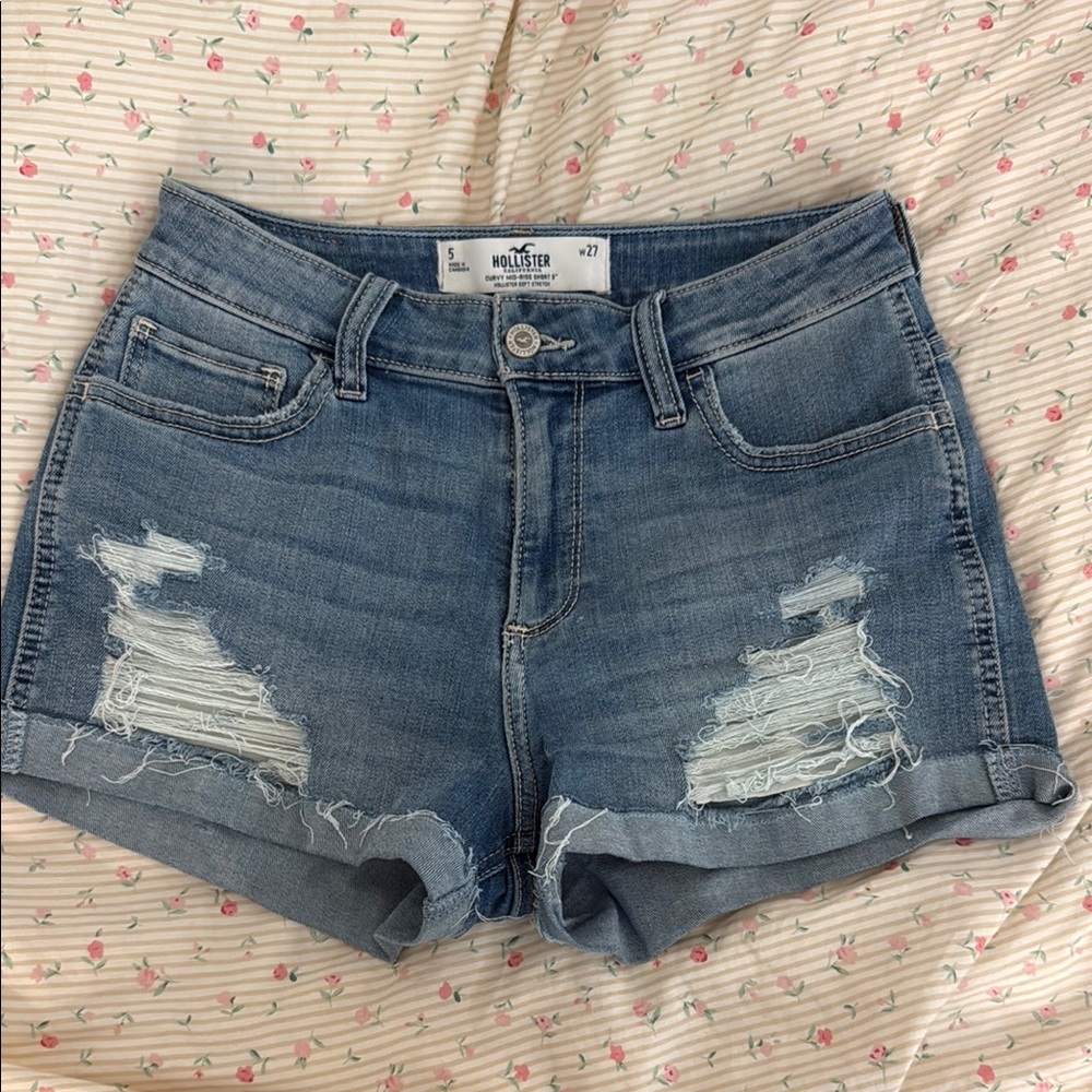 Hollister Blue Distressed Mid-Rise Jean Shorts